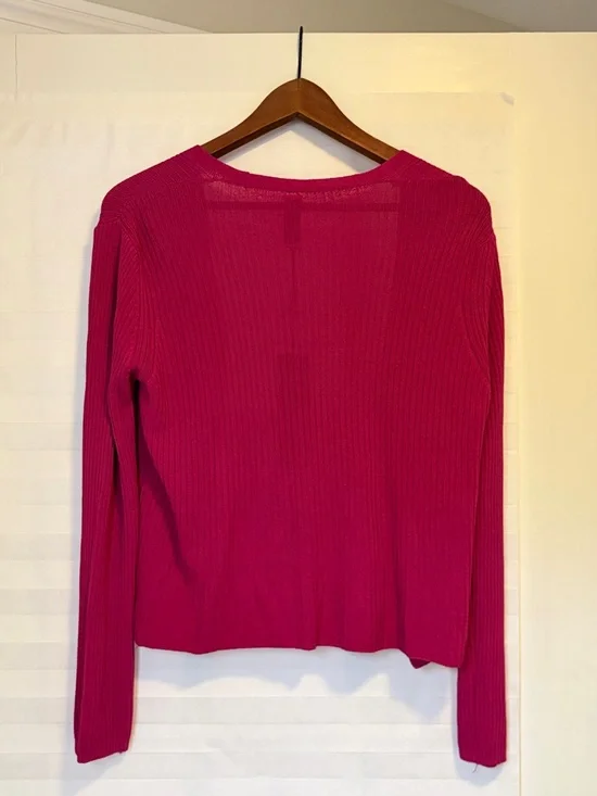 Fuchsia Pink Ribbed V-Neck Cardigan - Picture 6 of 6